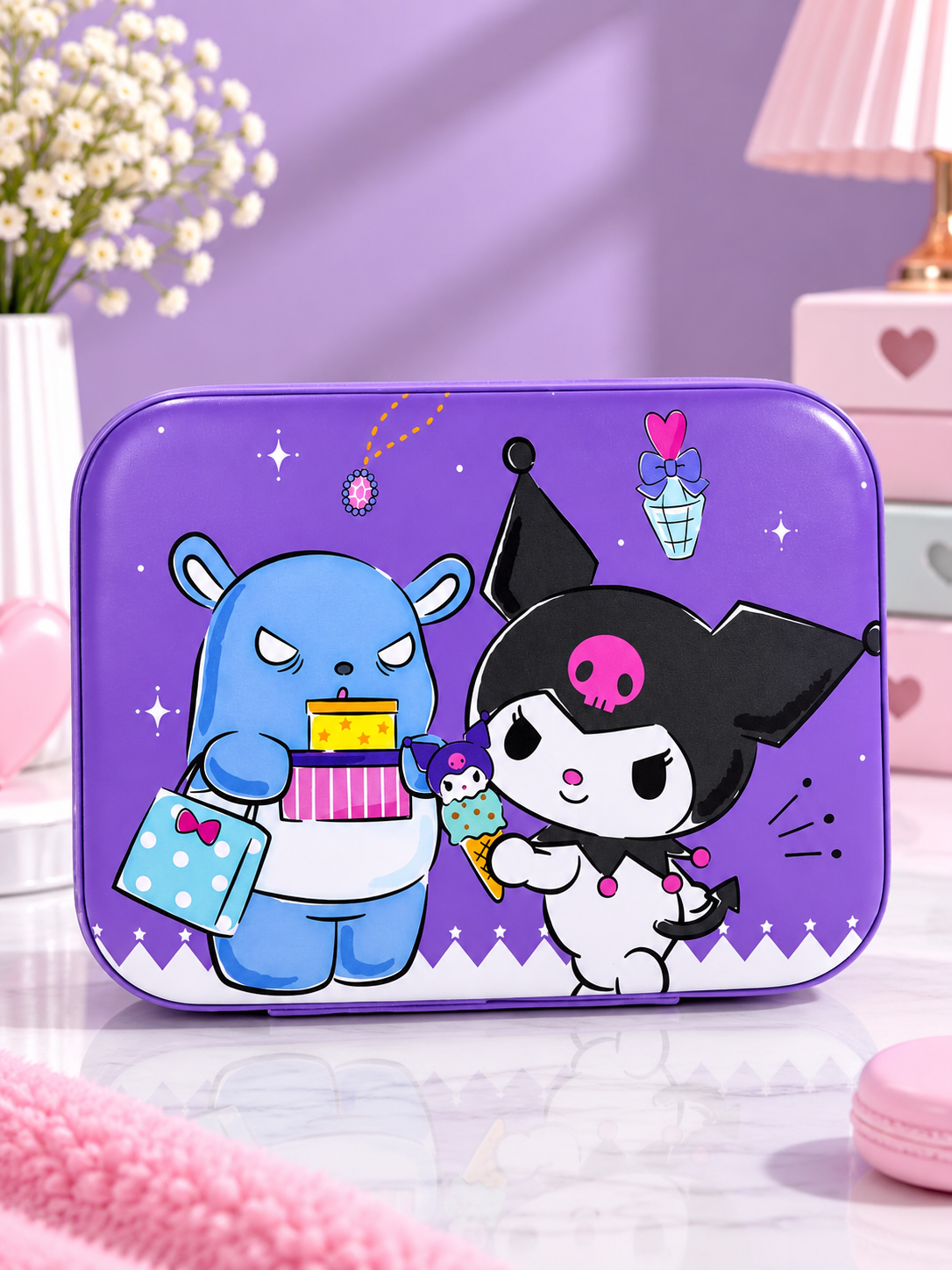 Purple rounded-rectangle zip cosmetic bag with Blue Bear and Kuromi character art